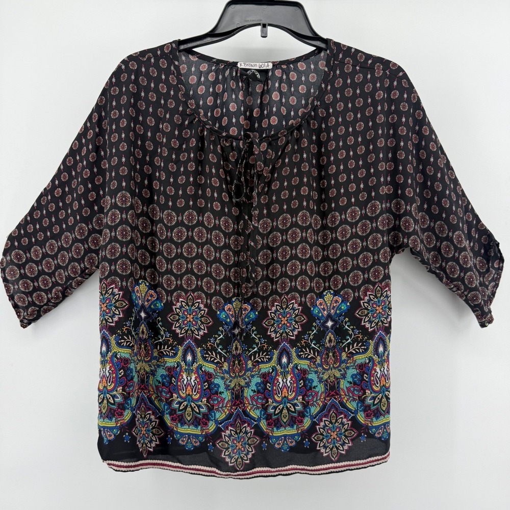 Women's Size Medium Top Blouse Black Polyester Sheer Y2K Paisley 90s Nostalgia